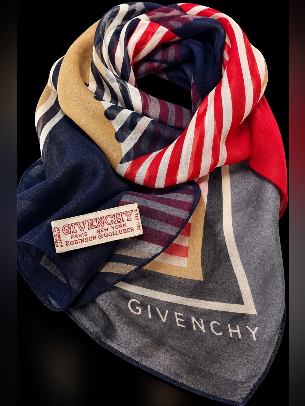 Vintage GIVENCHY 70s Rare Geometric 100% Silk Scarf Hand Rolled 27x27